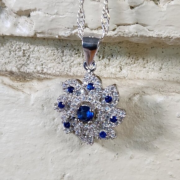 New Womens Blue & White Sapphire Necklace 14ktwg & 925 Silver - Picture 1 of 6